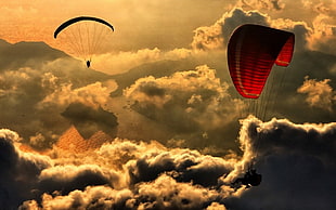 two red and black parachutes, nature, landscape, paragliding, aerial view HD wallpaper