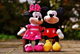 Mickey and Minnie Mouse plush toy sitting on brown wooden bench