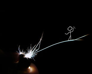 human stick illustration, spark, lighter, black