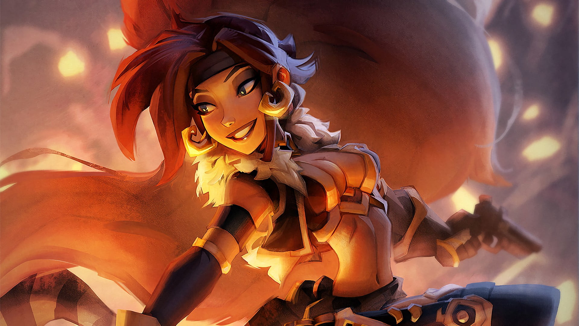 brown-haired female character, fantasy art, Battle Chasers, digital art, happy