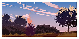 in to the woods painting, illustration, sunset