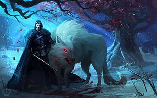 man wearing blue cape holding sword and giant gray wolf digital wallpaper