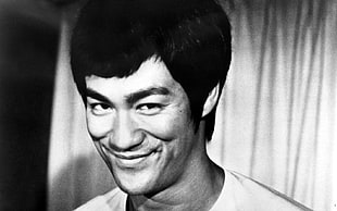 Bruce Lee, Bruce Lee, smiling, monochrome, men