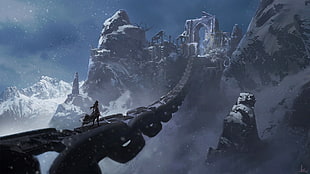 game cover, fantasy art, chains, sword, snow