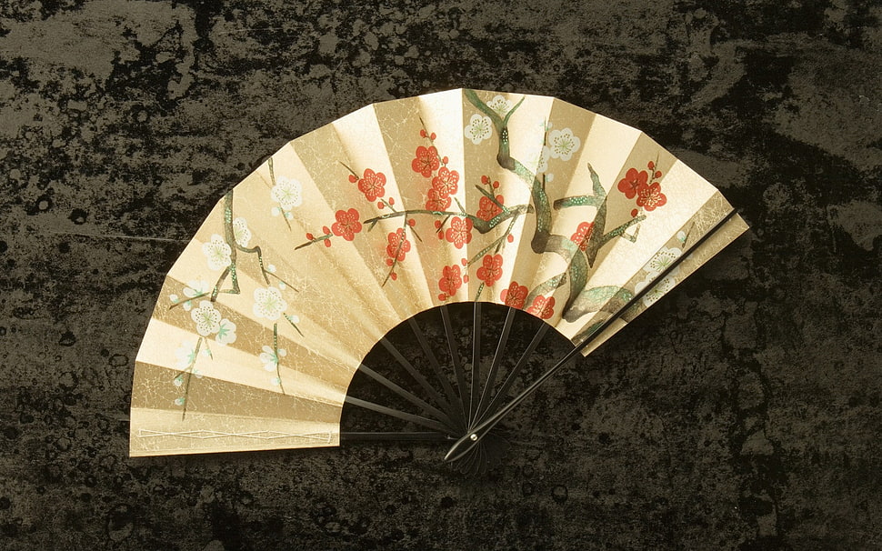 brown and red floral folding fan HD wallpaper