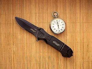 black pocketknife and silver-colored pocket watch, Walther, clocks, knife, pocket watch