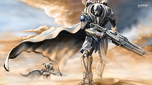 robot with weapon and cape wallpaper, fantasy art