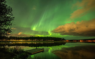 aurora lights, lake, aurorae, landscape, clouds HD wallpaper