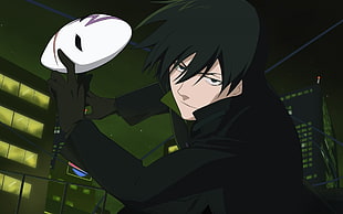 man holding a white mask wearing black coat animated character