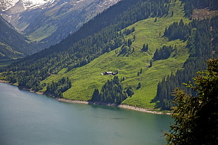 green mountain near body of water