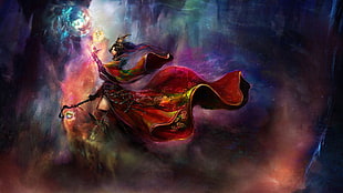 red and yellow dressed female cartoon character, fantasy art, Diablo III, wizard