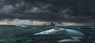 white submarine in body of water painting, artwork, UFO, submarine HD wallpaper