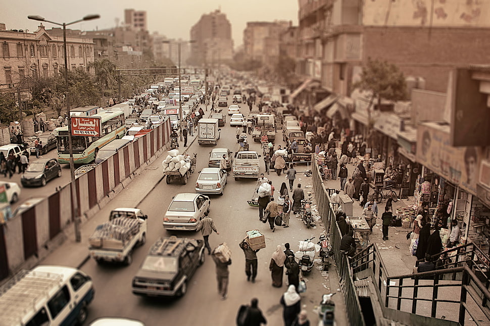 busy streets in sepia photography HD wallpaper