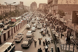 busy streets in sepia photography