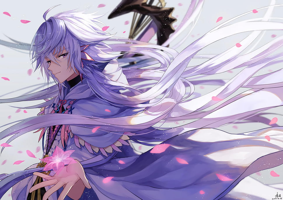 purple and white abstract painting, Fate/Grand Order, Merlin(Fate/Grand Order), silver hair, petals HD wallpaper