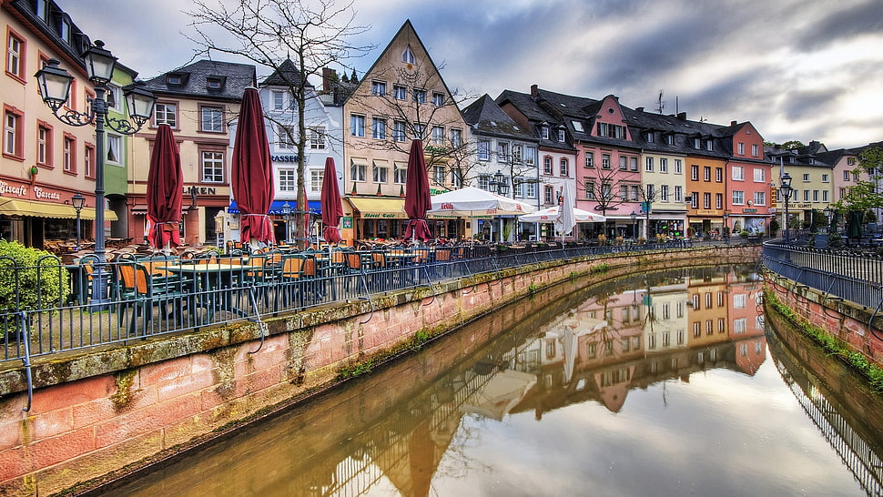 multicolored concrete houses, cityscape, building, HDR, reflection HD wallpaper