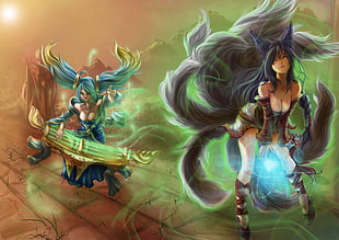 Ahri and Sona illustration, League of Legends, artwork, video games