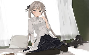 female long gray haired anime character sitton on white bed