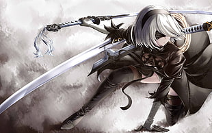 gray and white haired swordsman anime character, Nier: Automata, sword, katana, white hair HD wallpaper
