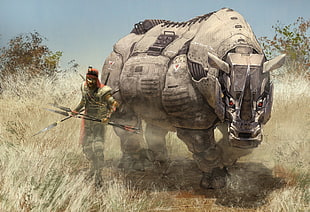 armored rhino digital wallpaper, rhino, science fiction