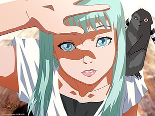 gray animal on teal-haired female anime character's shoulder