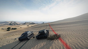 two black tanks, tank, desert, sand, sky