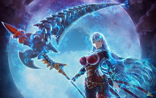 female League of Legends with blue hair and scythe character illustration, fantasy art, warrior