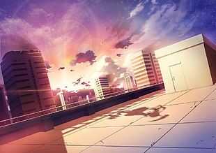 gray rooftop wallpaper, anime, sunlight, building, rooftops