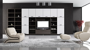 gray and black flat screen TV on black and white wooden TV hutch HD wallpaper