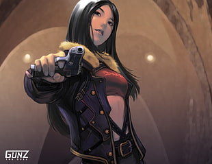 female anime character in black jacket holding pistol
