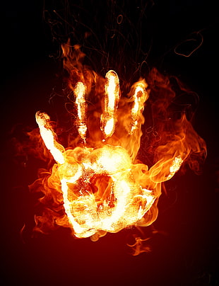 human palm with fire digital wallpaper, fire, hands, handprints, digital art HD wallpaper