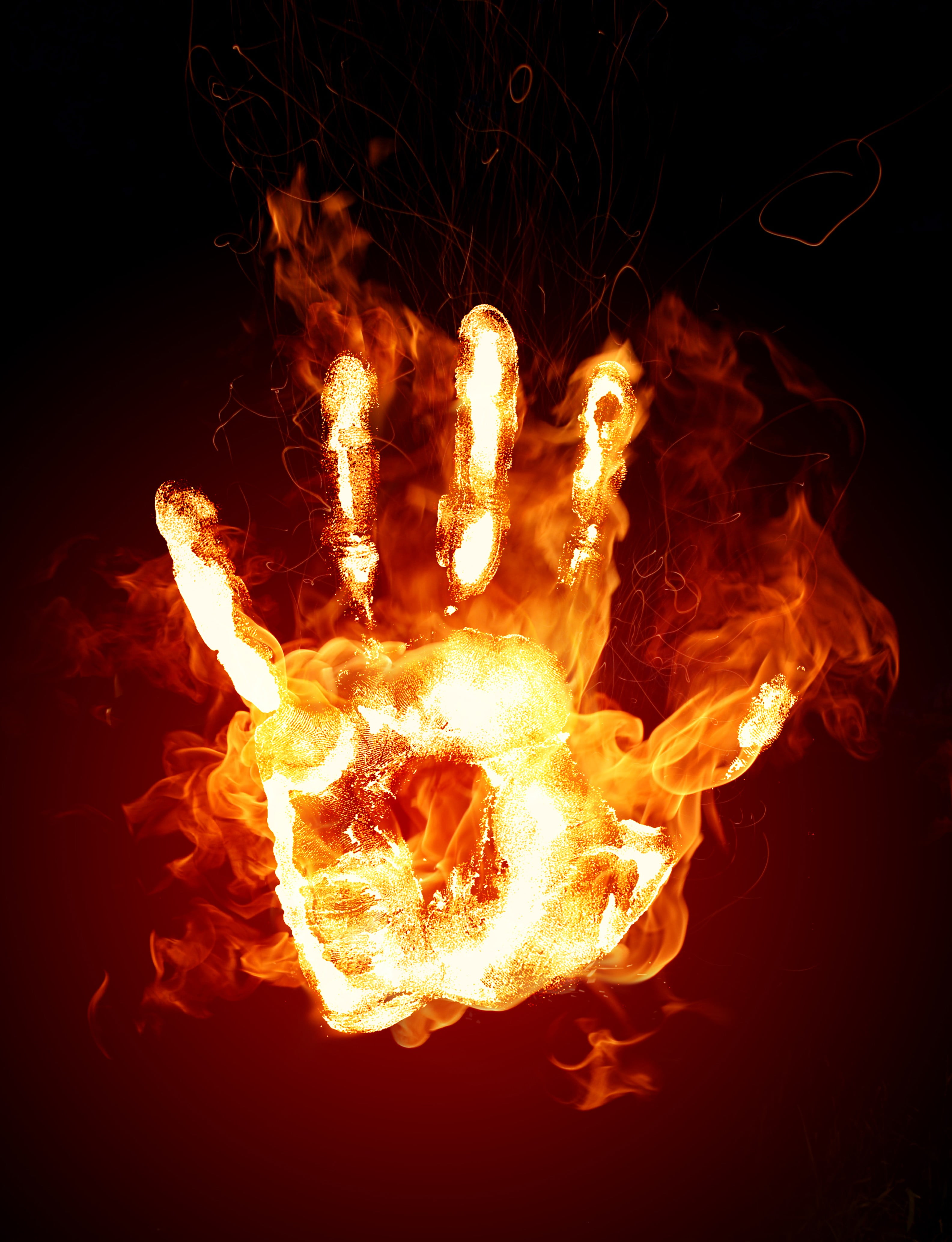 human palm with fire digital wallpaper, fire, hands, handprints, digital art