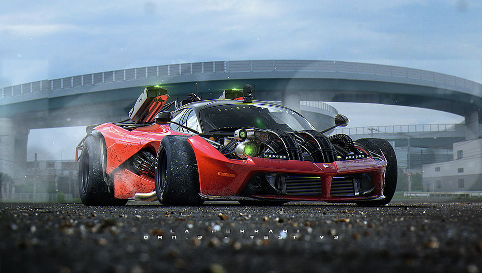 red concept car, 3D, render, car, bridge HD wallpaper