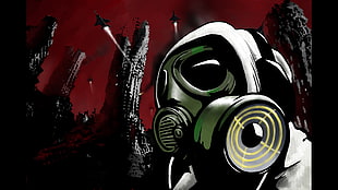 person wearing gray gas mask illustration, Bassline, Vector (character), red, dirty