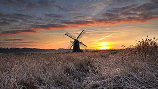 black wind mill, winter, ice, Sun, landscape