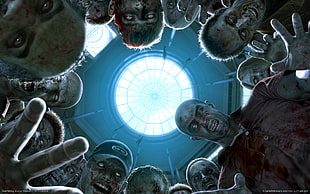 white and blue ceramic plates, zombies, blood, teeth HD wallpaper