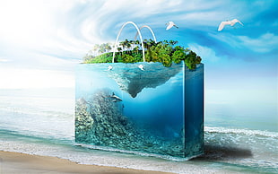 blue and green economy bag illustration, bag, aquarium, water, sea