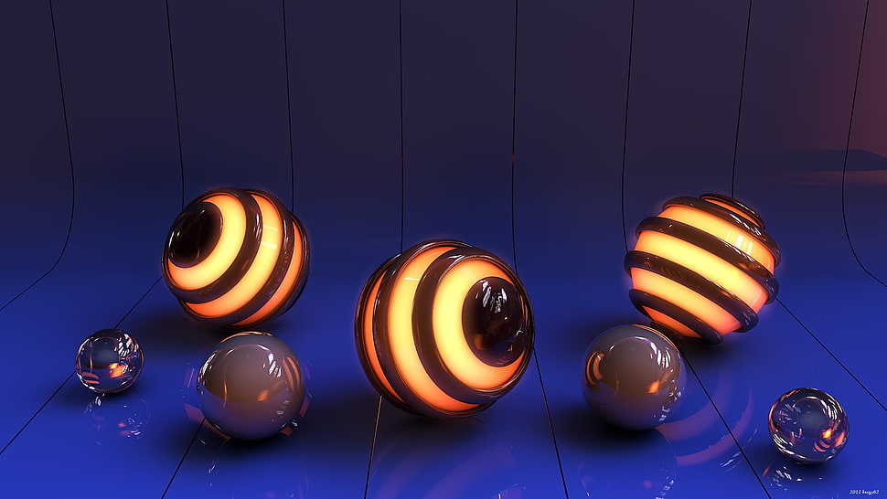three black-and-yellow lights on blue surface HD wallpaper