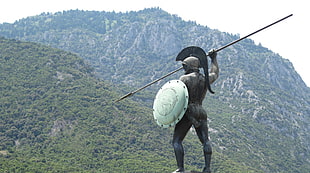 soldier holding spear and shielf statue, statue, warrior, Spartans, Thermopylae HD wallpaper