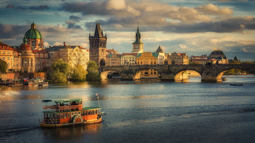 building near body of water painting, Prague, river, cityscape, vehicle HD wallpaper