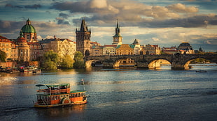 building near body of water painting, Prague, river, cityscape, vehicle