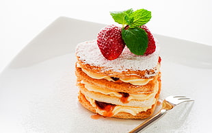 strawberry pancake served on white plate HD wallpaper