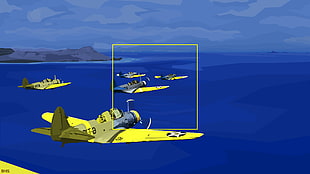 yellow fighting plane, planes, aircraft, World War II, minimalism