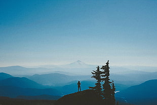 silhouette photo of person on mountain, mountains, blue, sky, nature