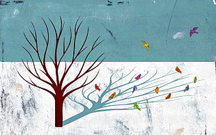 tree and birds illustration, digital art, minimalism, simple, winter