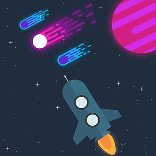 rocket ship and asteroids digital art, Flatdesign, artwork, spaceship, meteors