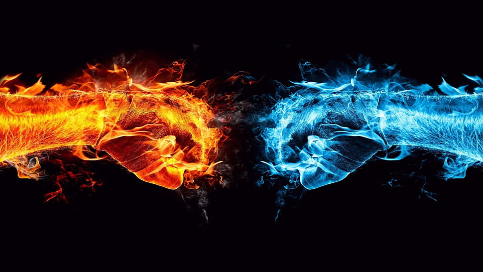 illustration of orange and blue flaming fists, fire, water, fists, hands HD wallpaper