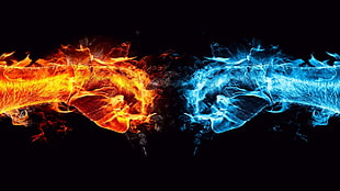 illustration of orange and blue flaming fists, fire, water, fists, hands HD wallpaper