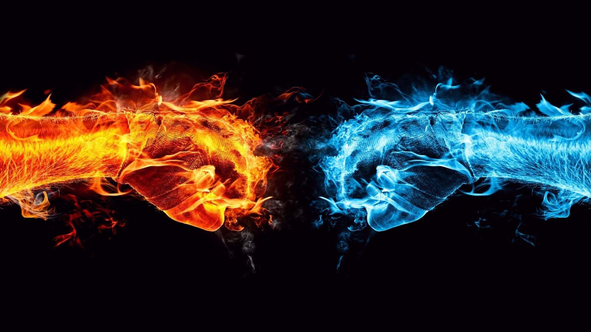 illustration of orange and blue flaming fists, fire, water, fists, hands