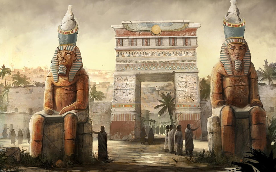 illustration of old Egypt, Egypt, statue, architecture, artwork HD wallpaper